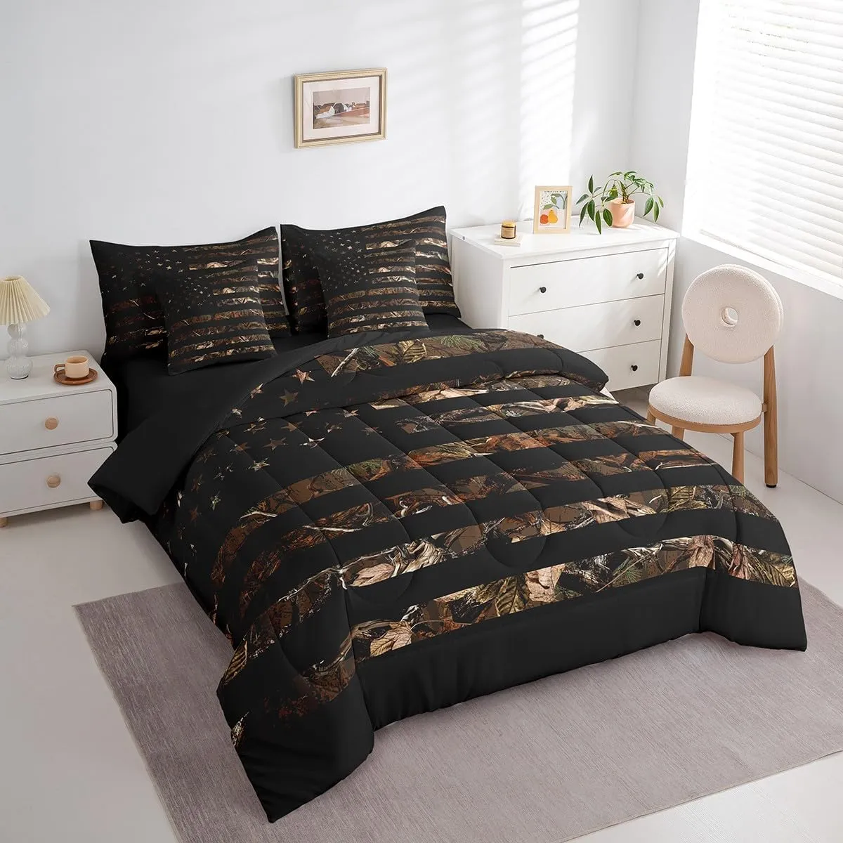 Feelyou American Flag 7 Pieces Bedding Set, Queen Brown Camouflage Botancial All Season,Bed in a Bag with Comforter, Sheets, Pillowcases Branch Hunting Bed Set Breathable Camouflage Hunter Room Decor