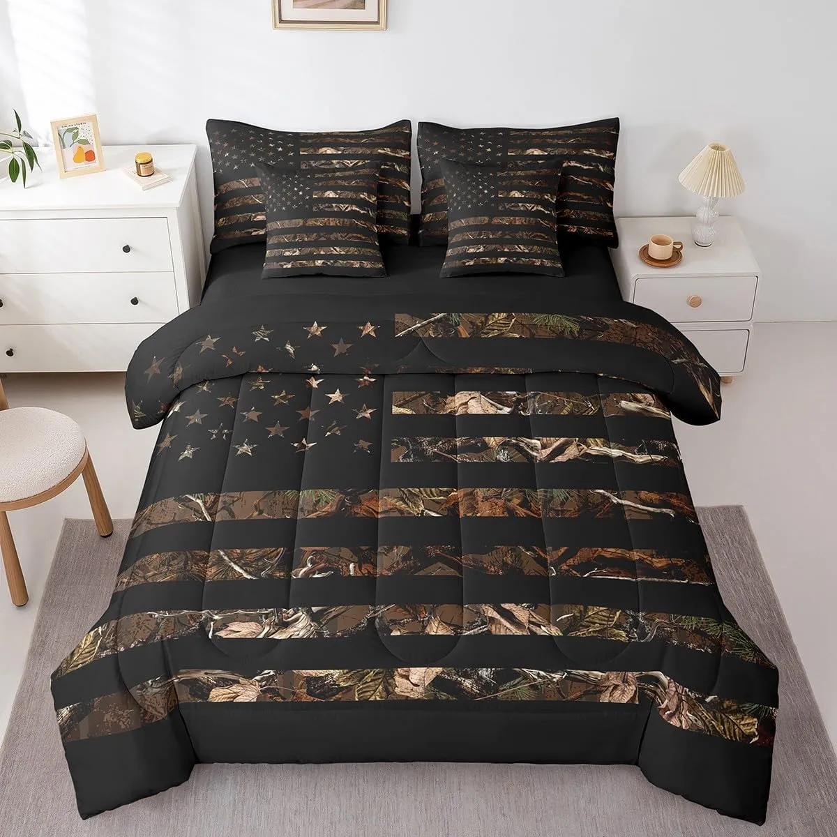 Feelyou American Flag 7 Pieces Bedding Set, Queen Brown Camouflage Botancial All Season,Bed in a Bag with Comforter, Sheets, Pillowcases Branch Hunting Bed Set Breathable Camouflage Hunter Room Decor