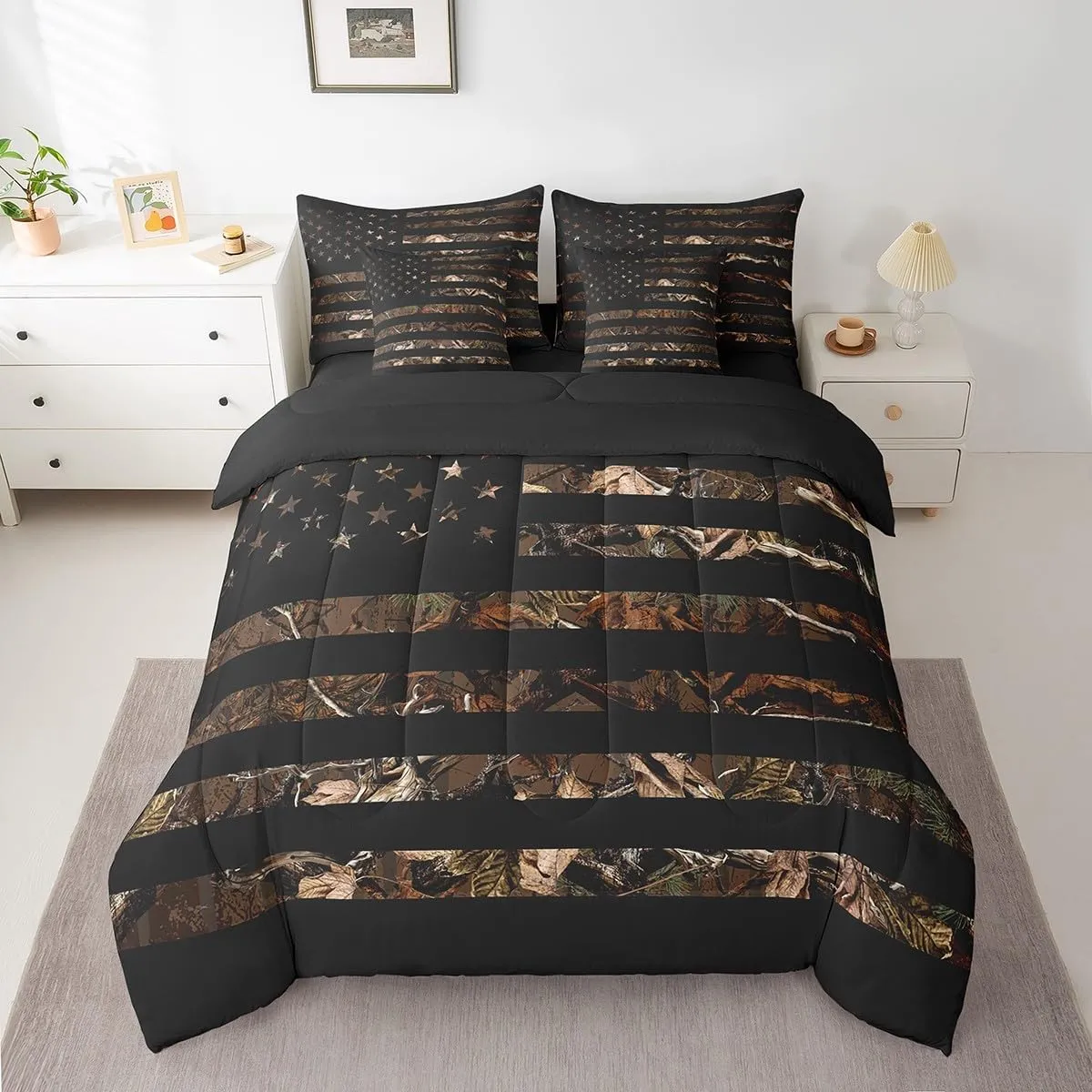 Feelyou American Flag 7 Pieces Bedding Set, Queen Brown Camouflage Botancial All Season,Bed in a Bag with Comforter, Sheets, Pillowcases Branch Hunting Bed Set Breathable Camouflage Hunter Room Decor