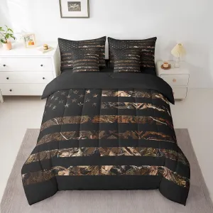 Feelyou American Flag 7 Pieces Bedding Set, Queen Brown Camouflage Botancial All Season,Bed in a Bag with Comforter, Sheets, Pillowcases Branch Hunting Bed Set Breathable Camouflage Hunter Room Decor