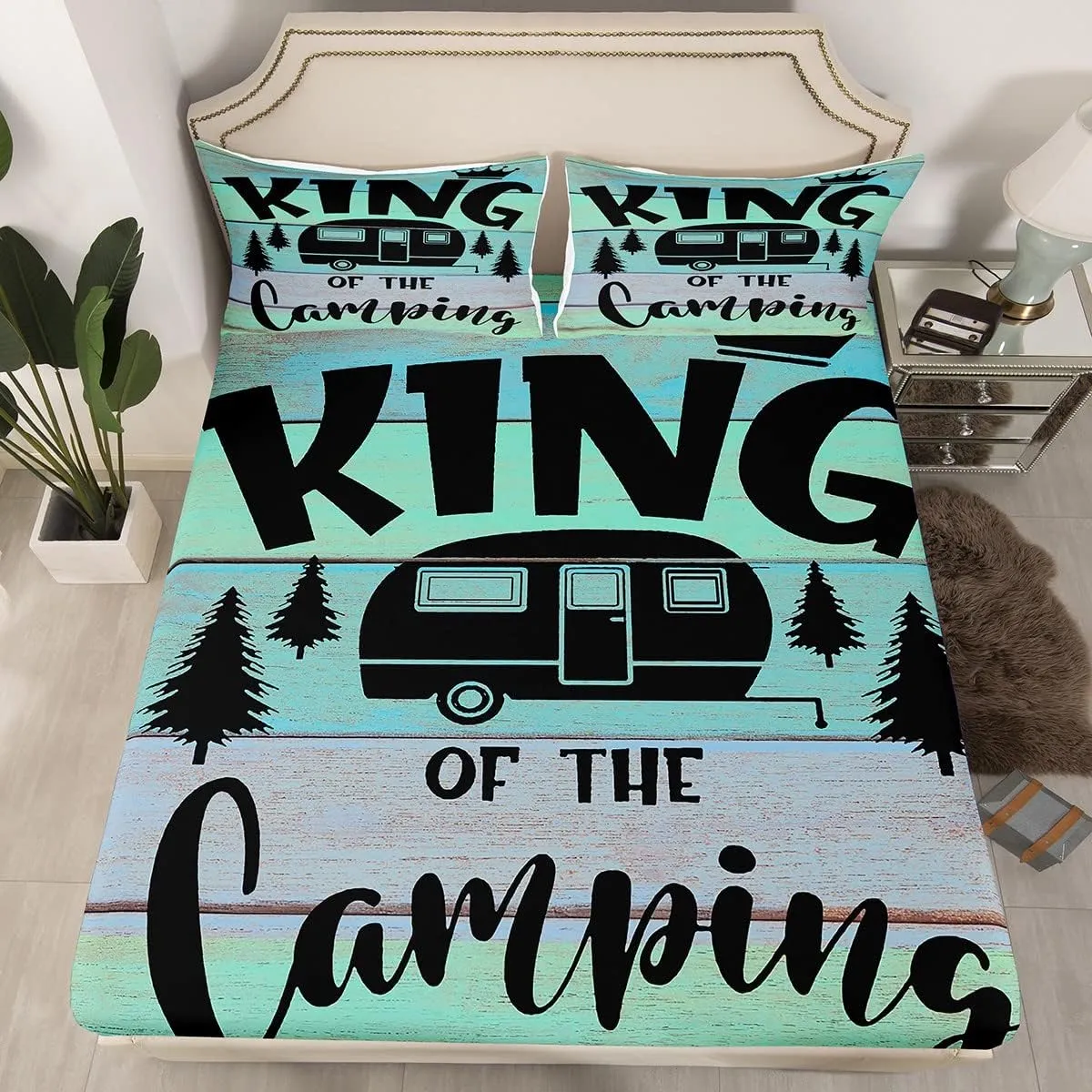 Feelyou Camper Bed Sheet Set Happy Camping Bedding Set RV Camping Fitted Sheet Green Rustic Farmhouse Flat Sheet for Kids Boys Girls Adults 3Pcs with 1 Pillow Case Twin