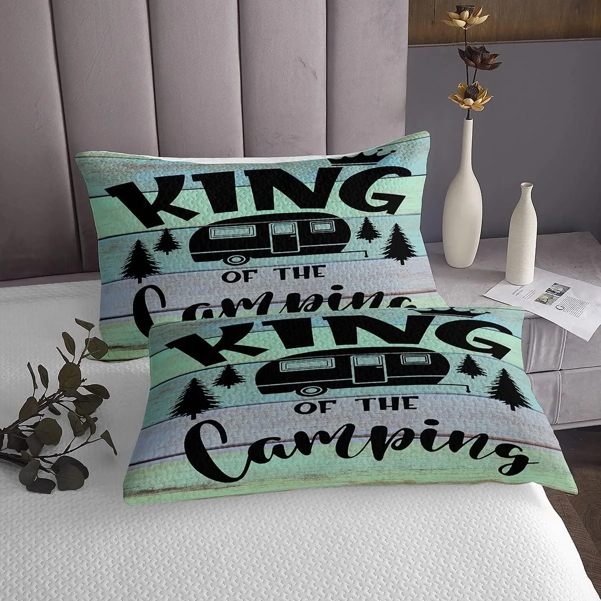 Feelyou Camper Bed Sheet Set Happy Camping Bedding Set RV Camping Fitted Sheet Green Rustic Farmhouse Flat Sheet for Kids Boys Girls Adults 3Pcs with 1 Pillow Case Twin