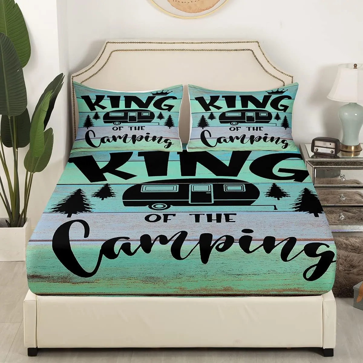 Feelyou Camper Bed Sheet Set Happy Camping Bedding Set RV Camping Fitted Sheet Green Rustic Farmhouse Flat Sheet for Kids Boys Girls Adults 3Pcs with 1 Pillow Case Twin