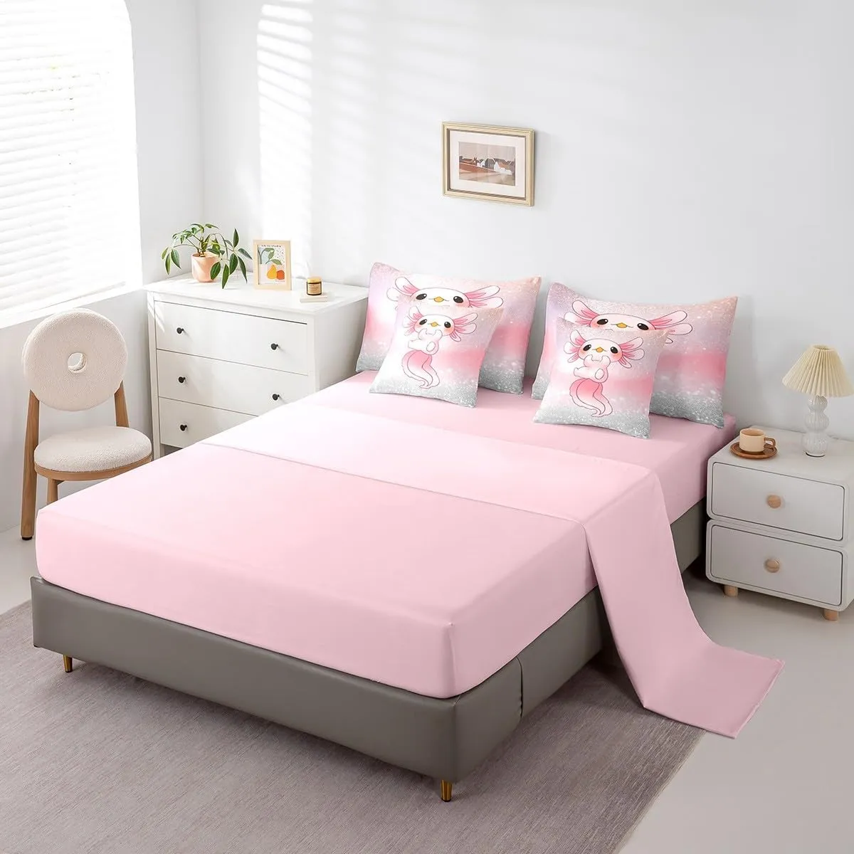 Feelyou Cute Axolotl 7 PCS Comforter Set with Sheets Glitter Cartoon Salamander 7 Pieces Bed in a Bag Set for Kids Boys Girls Pink Ocean Sealife Bed in a Bag Kawai Comforter Set with Sheets