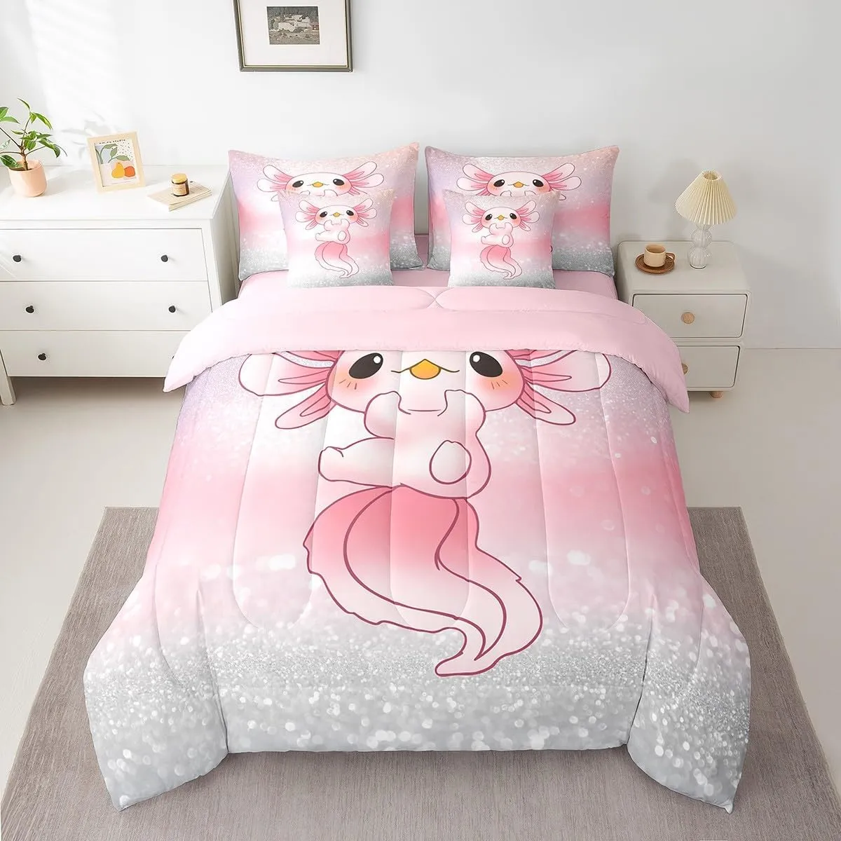 Feelyou Cute Axolotl 7 PCS Comforter Set with Sheets Glitter Cartoon Salamander 7 Pieces Bed in a Bag Set for Kids Boys Girls Pink Ocean Sealife Bed in a Bag Kawai Comforter Set with Sheets