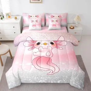 Feelyou Cute Axolotl 7 PCS Comforter Set with Sheets Glitter Cartoon Salamander 7 Pieces Bed in a Bag Set for Kids Boys Girls Pink Ocean Sealife Bed in a Bag Kawai Comforter Set with Sheets