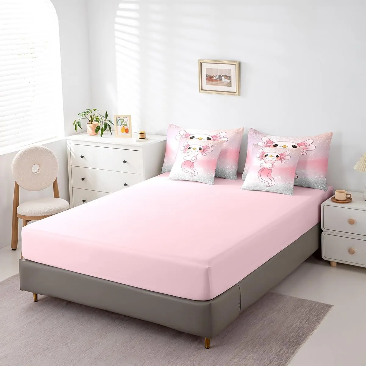 Feelyou Cute Axolotl 7 PCS Comforter Set with Sheets Glitter Cartoon Salamander 7 Pieces Bed in a Bag Set for Kids Boys Girls Pink Ocean Sealife Bed in a Bag Kawai Comforter Set with Sheets