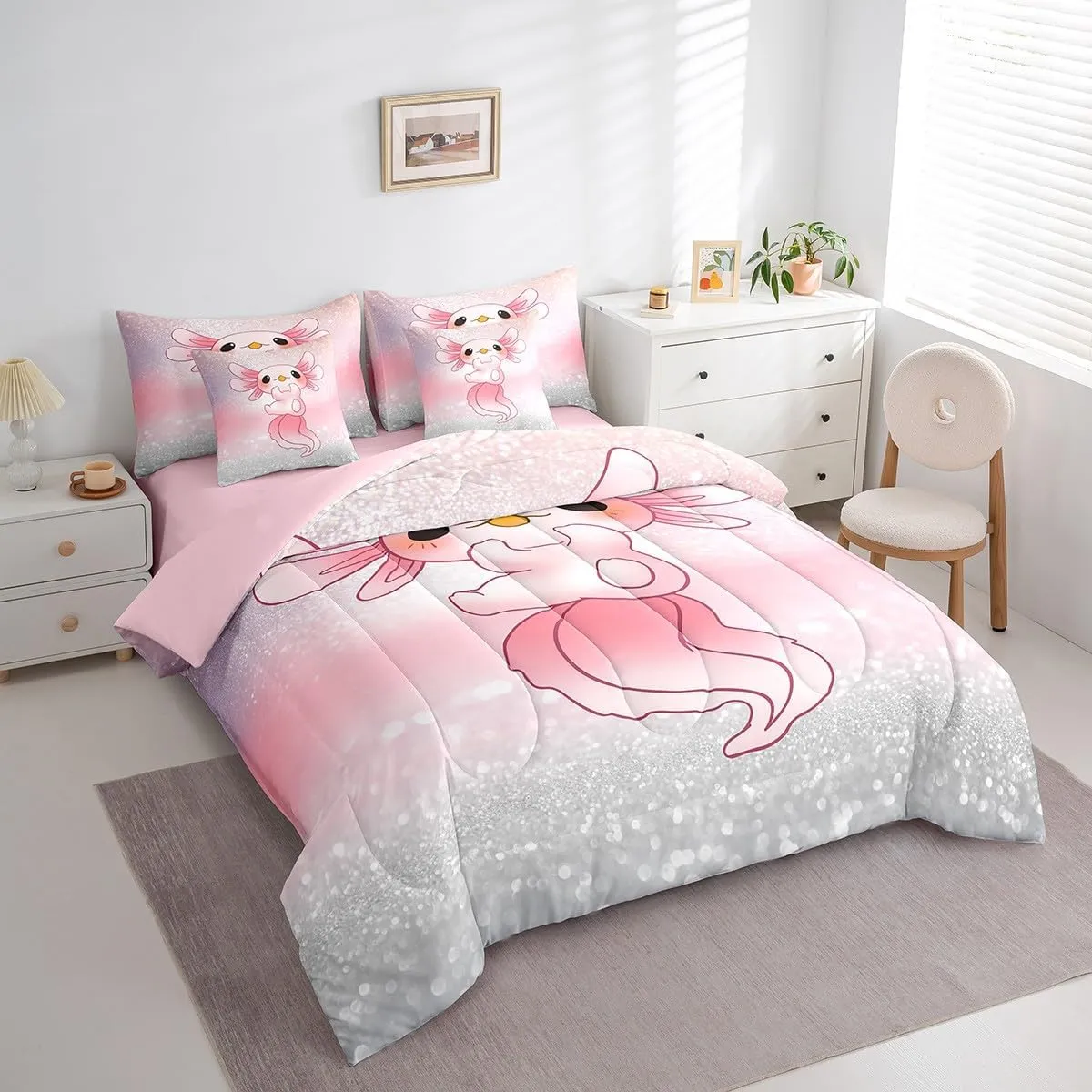 Feelyou Cute Axolotl 7 PCS Comforter Set with Sheets Glitter Cartoon Salamander 7 Pieces Bed in a Bag Set for Kids Boys Girls Pink Ocean Sealife Bed in a Bag Kawai Comforter Set with Sheets