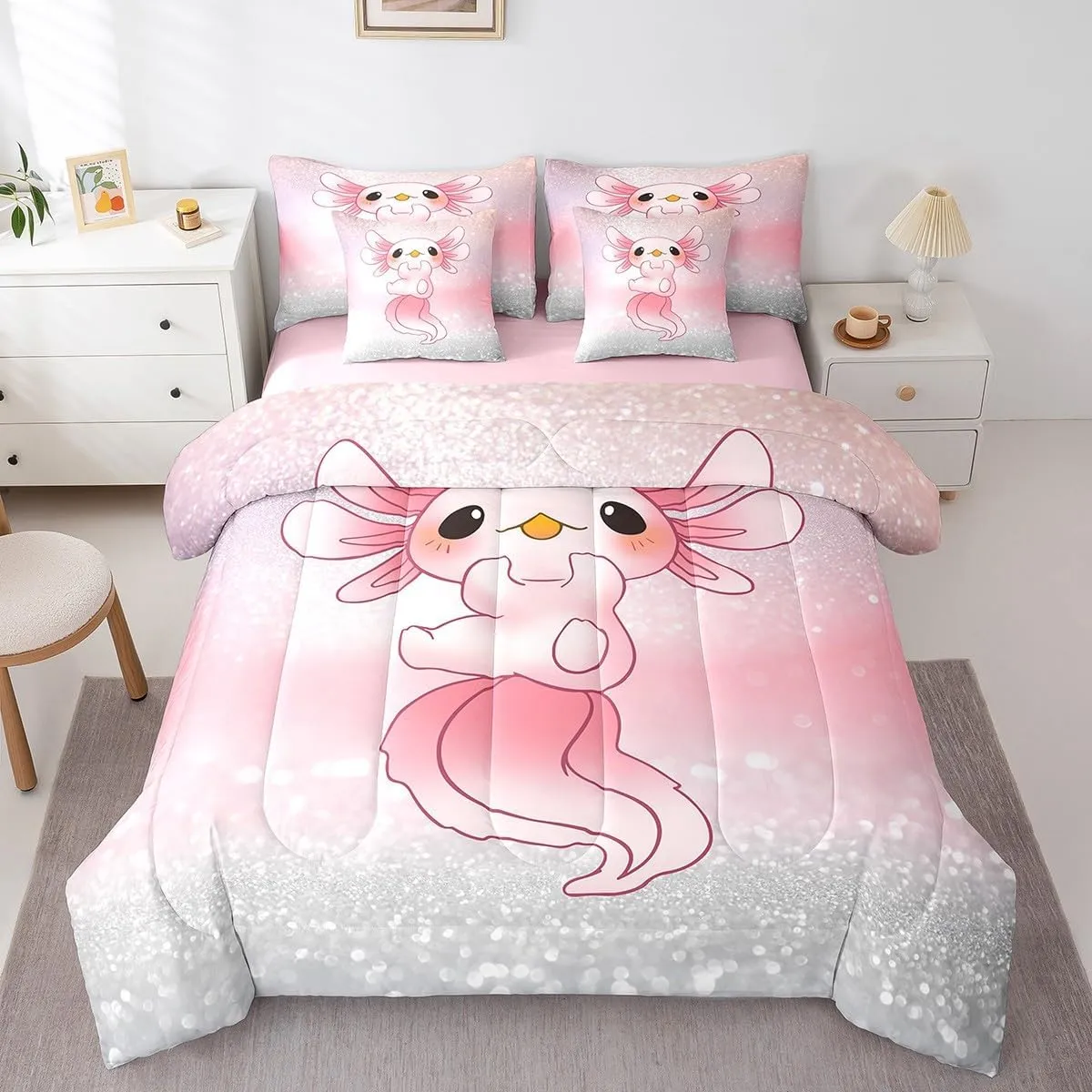 Feelyou Cute Axolotl 7 PCS Comforter Set with Sheets Glitter Cartoon Salamander 7 Pieces Bed in a Bag Set for Kids Boys Girls Pink Ocean Sealife Bed in a Bag Kawai Comforter Set with Sheets