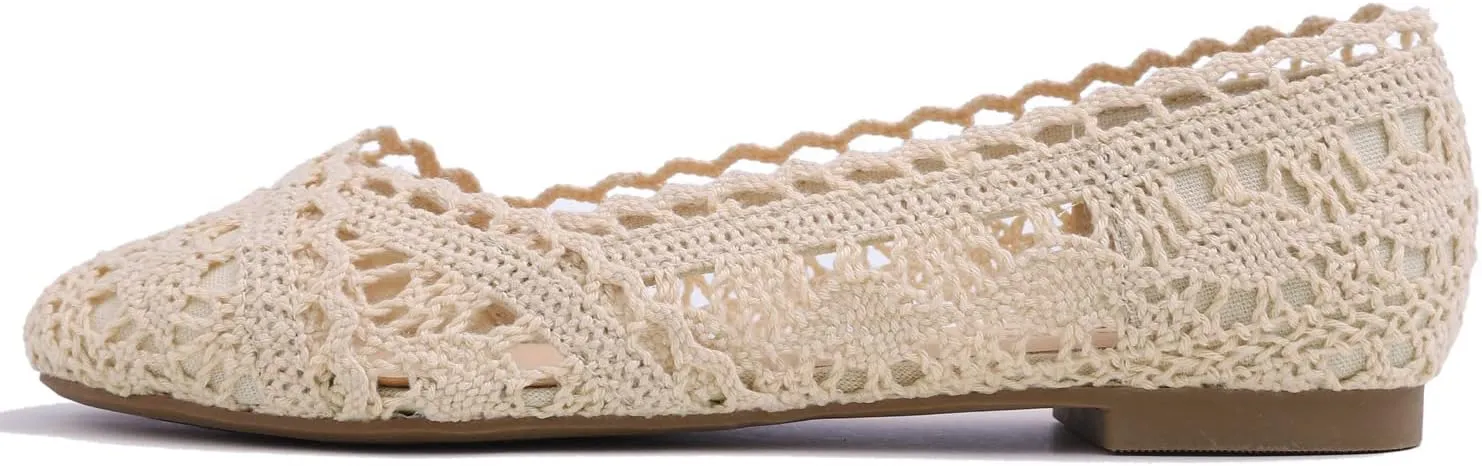 FEVERSOLE Women's Comfort Breathable Knit Crochet Shoes Lace Ballet Flats