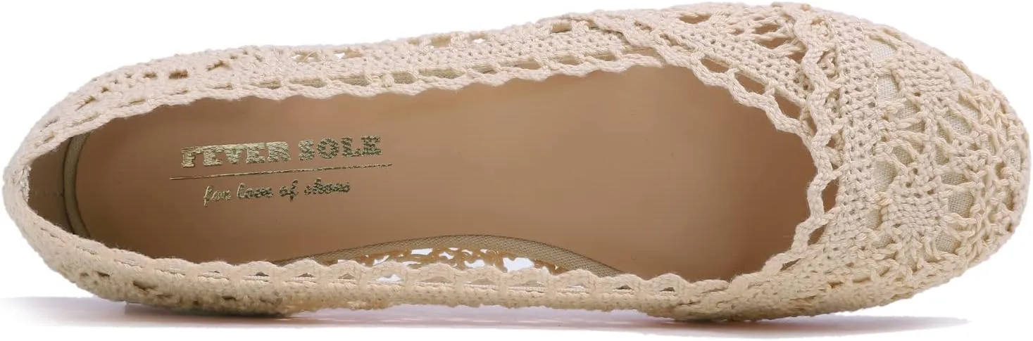 FEVERSOLE Women's Comfort Breathable Knit Crochet Shoes Lace Ballet Flats