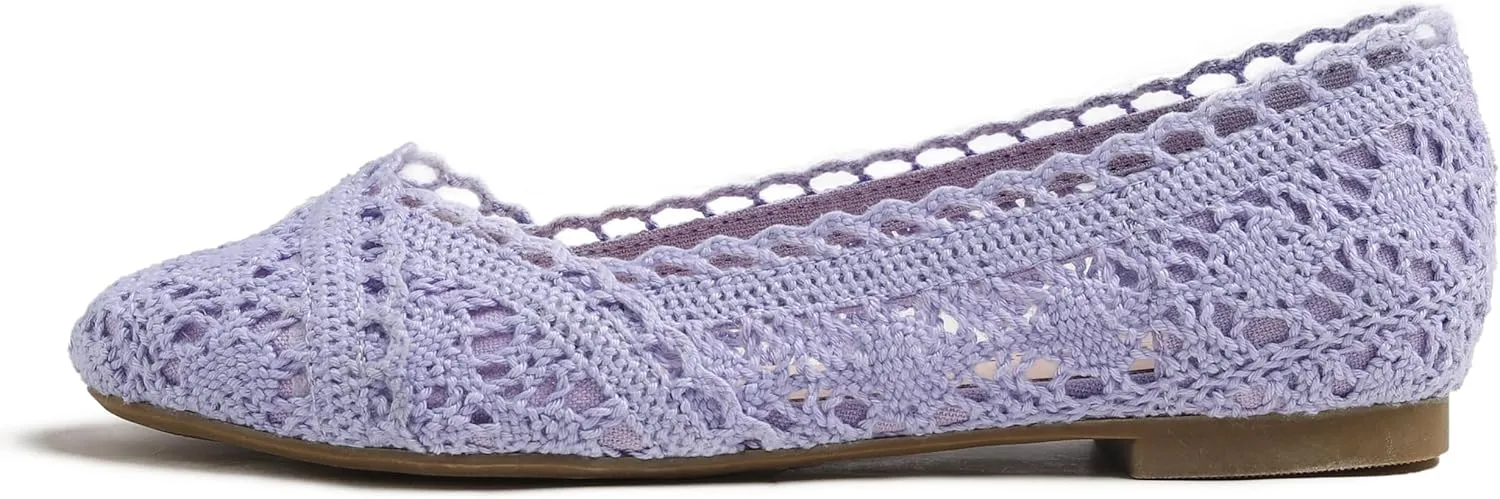 FEVERSOLE Women's Comfort Breathable Knit Crochet Shoes Lace Ballet Flats