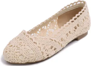 FEVERSOLE Women's Comfort Breathable Knit Crochet Shoes Lace Ballet Flats