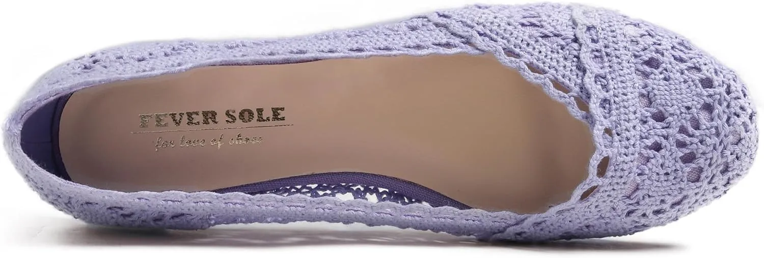FEVERSOLE Women's Comfort Breathable Knit Crochet Shoes Lace Ballet Flats