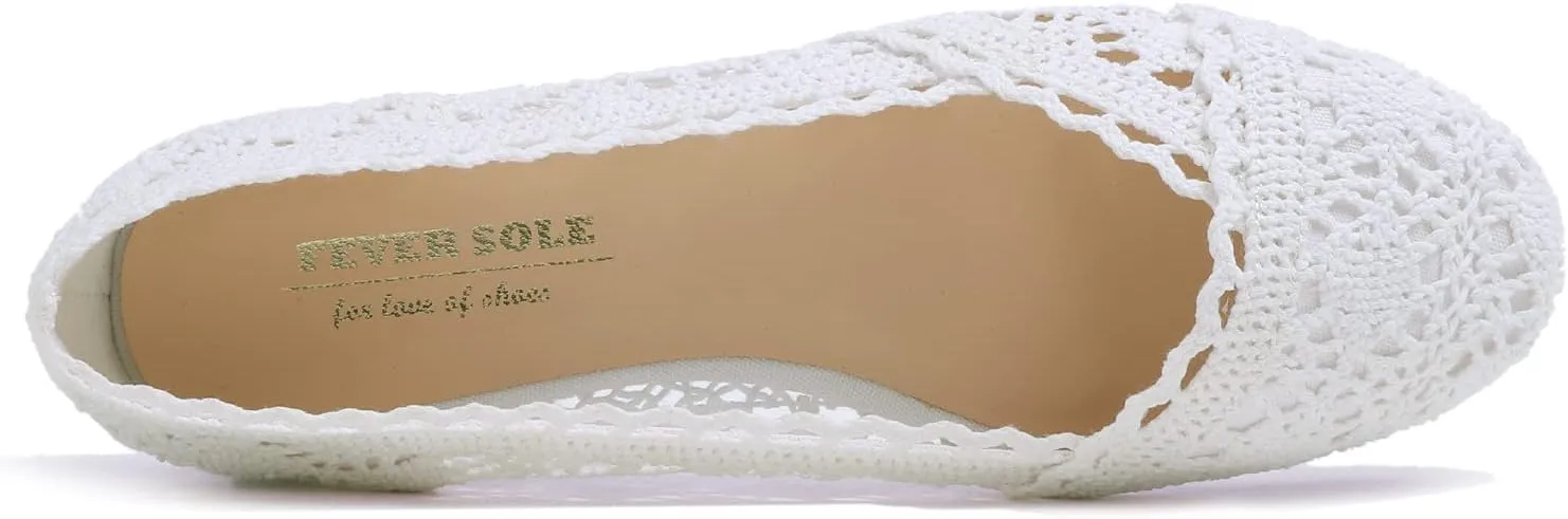 FEVERSOLE Women's Comfort Breathable Knit Crochet Shoes Lace Ballet Flats