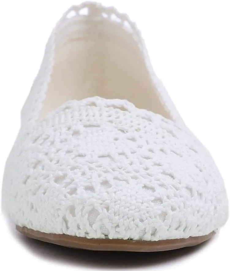 FEVERSOLE Women's Comfort Breathable Knit Crochet Shoes Lace Ballet Flats
