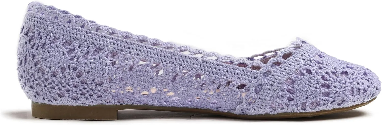 FEVERSOLE Women's Comfort Breathable Knit Crochet Shoes Lace Ballet Flats