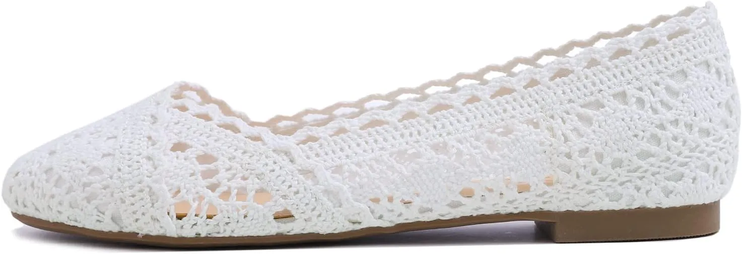 FEVERSOLE Women's Comfort Breathable Knit Crochet Shoes Lace Ballet Flats