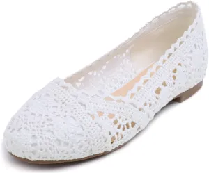 FEVERSOLE Women's Comfort Breathable Knit Crochet Shoes Lace Ballet Flats