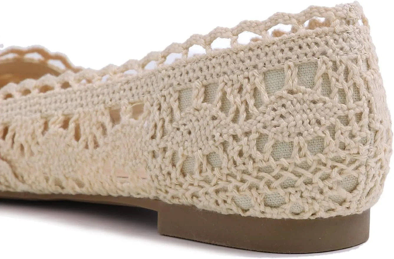 FEVERSOLE Women's Comfort Breathable Knit Crochet Shoes Lace Ballet Flats