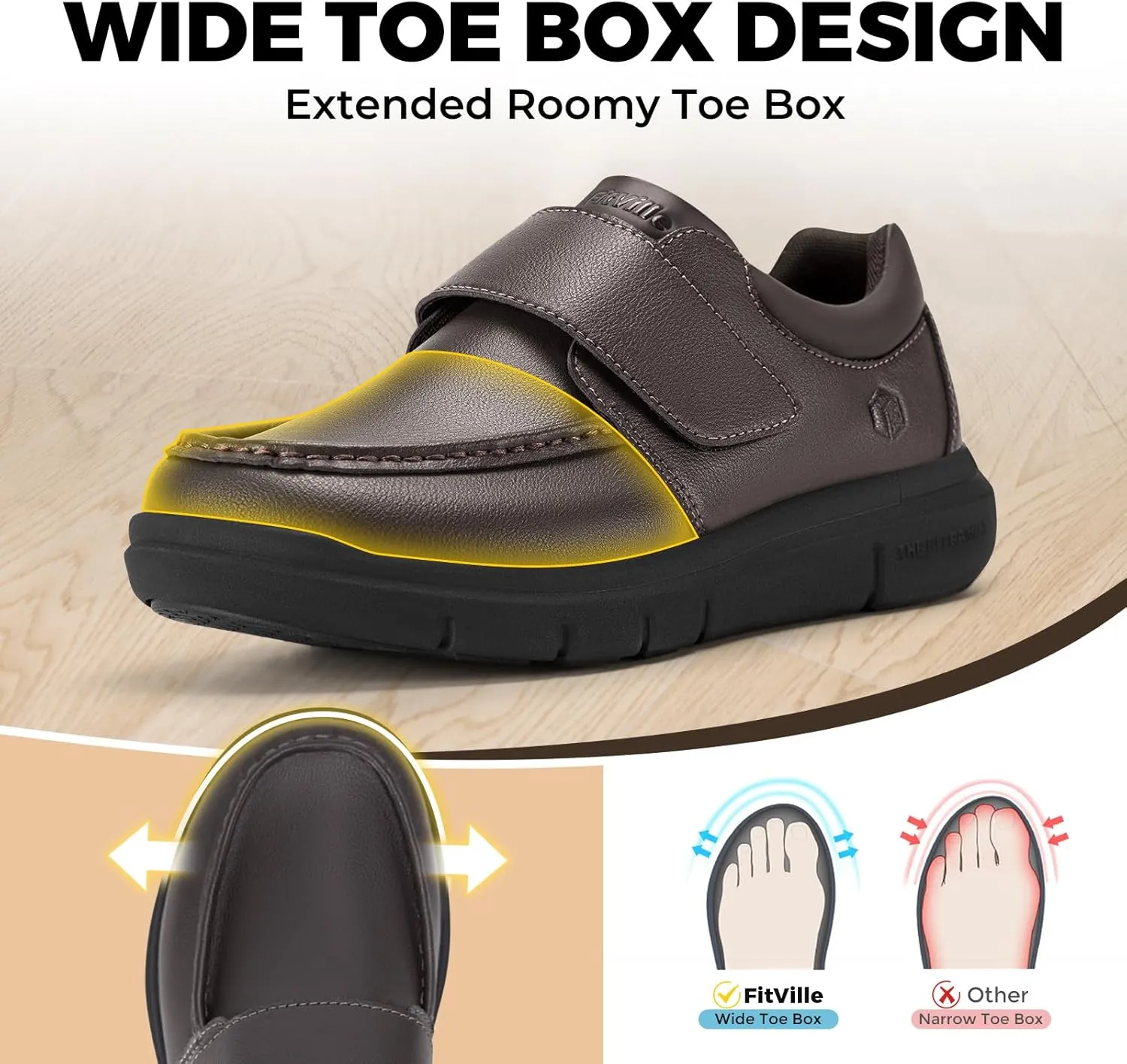 FitVille Men's Brown Leather Oxford Shoes - Wide Diabetic Comfortable Business Casual Walking Shoes