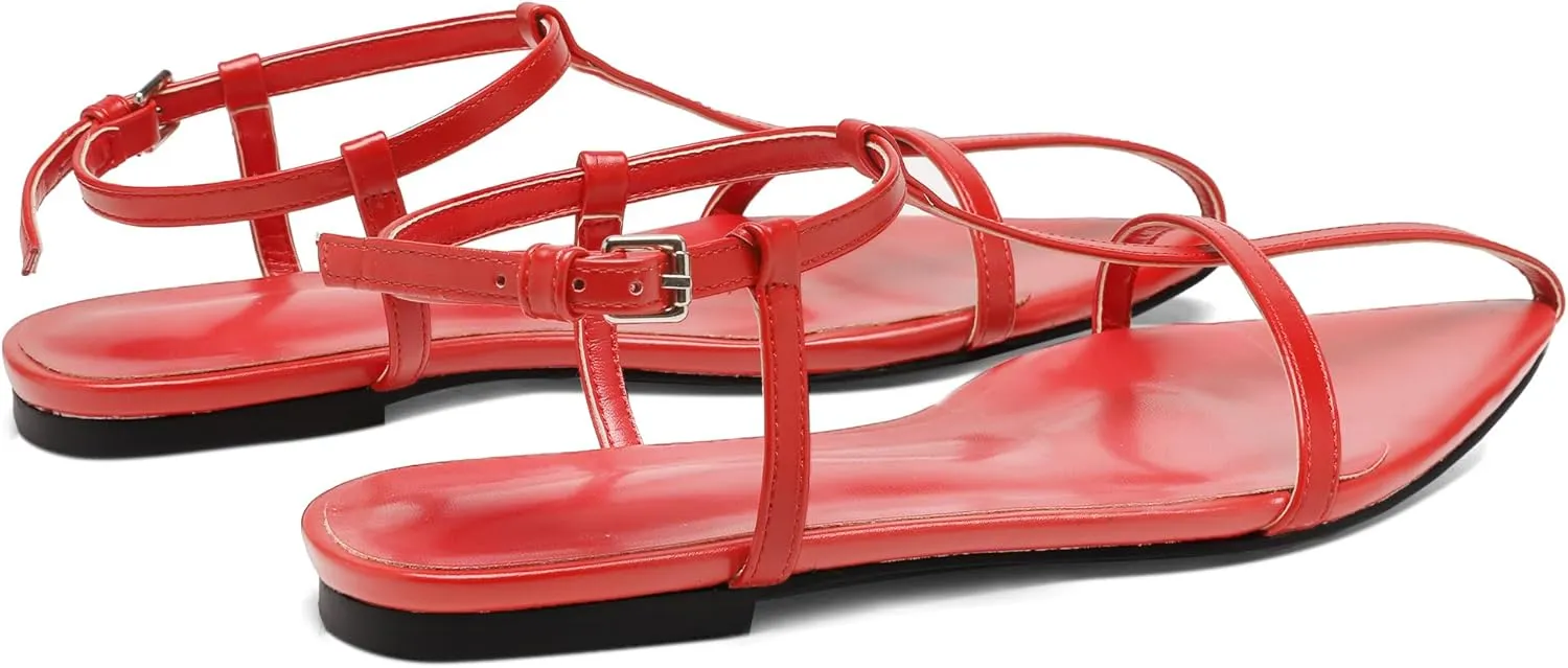 Flat Sandals for Women with Metal Buckle Ankle Strappy Ladies Fashion Slide Sandals Comfortable Summer Open Toe Women Sandals Dressy.