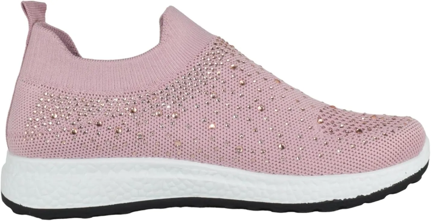 Flat Women Slip-On Sneakers Comfortable Sport Walking Running Shoes Rhinestone Bling Studs Elastic Breathable Knit Anti-Slip Resistant Labor-8