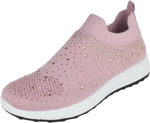 Flat Women Slip-On Sneakers Comfortable Sport Walking Running Shoes Rhinestone Bling Studs Elastic Breathable Knit Anti-Slip Resistant Labor-8