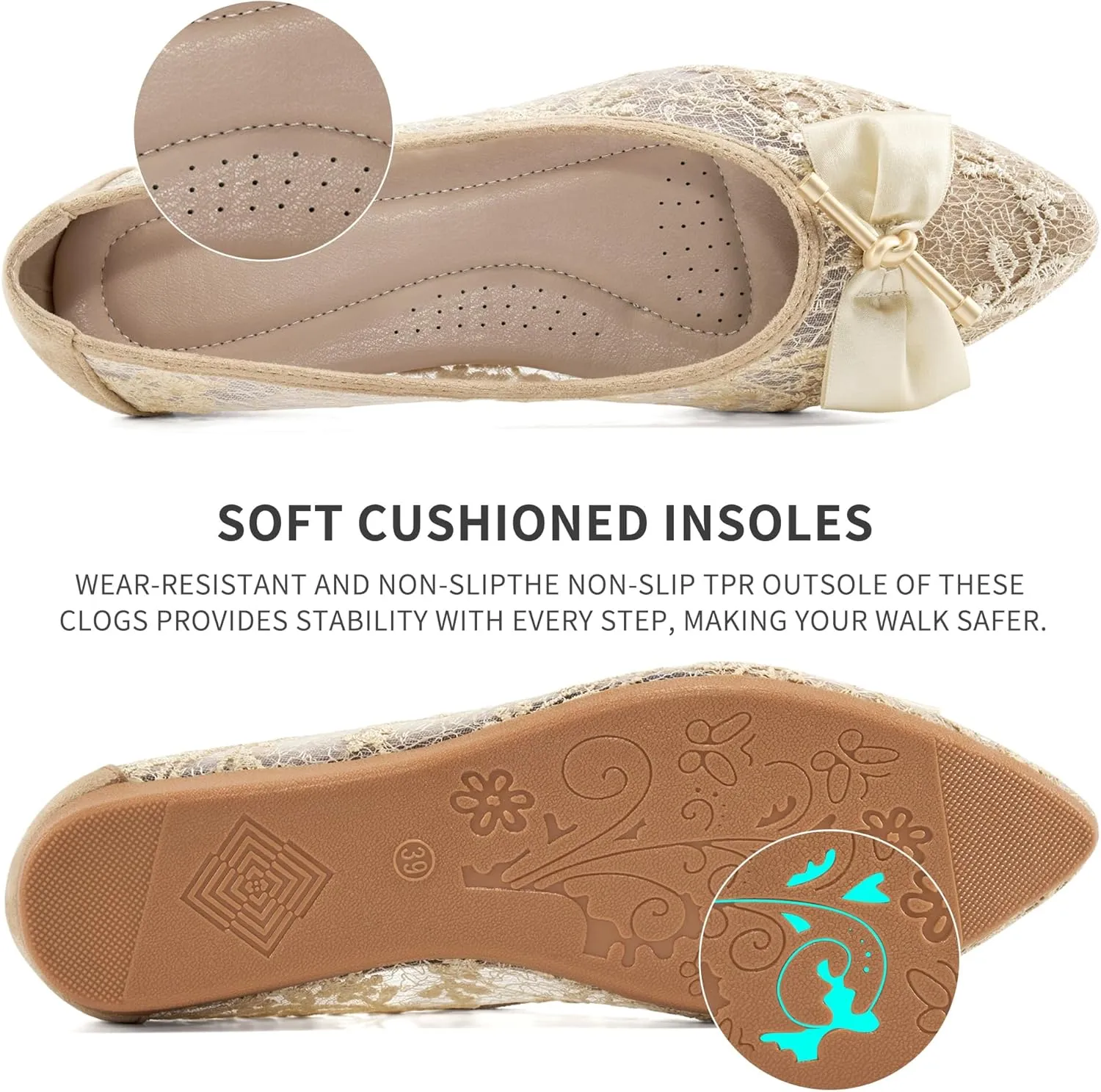 Flats for Women Ballets Shoes: Comfortable Pointed Toe Bowknot Lace Womens Flats Dressy - Fashion Floral Slip On Casual Shoes for Wedding Party Dating