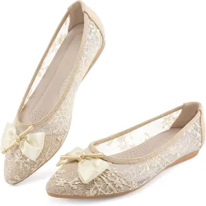 Flats for Women Ballets Shoes: Comfortable Pointed Toe Bowknot Lace Womens Flats Dressy - Fashion Floral Slip On Casual Shoes for Wedding Party Dating