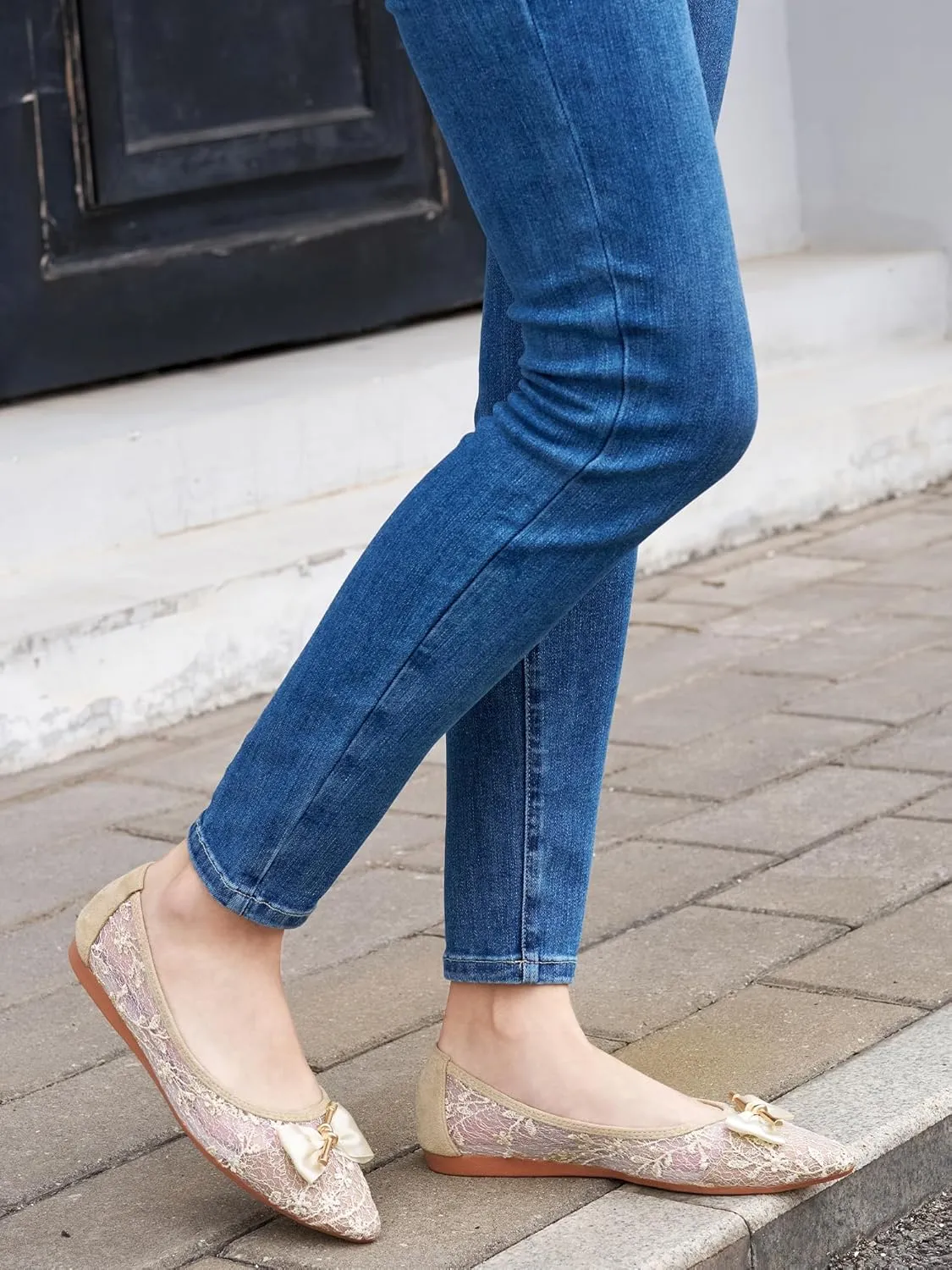 Flats for Women Ballets Shoes: Comfortable Pointed Toe Bowknot Lace Womens Flats Dressy - Fashion Floral Slip On Casual Shoes for Wedding Party Dating