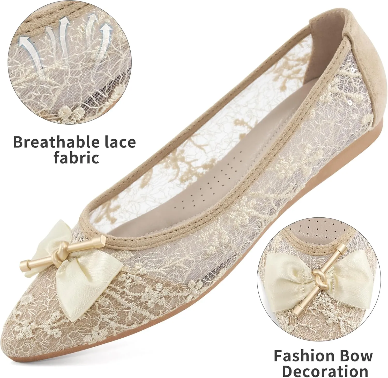 Flats for Women Ballets Shoes: Comfortable Pointed Toe Bowknot Lace Womens Flats Dressy - Fashion Floral Slip On Casual Shoes for Wedding Party Dating