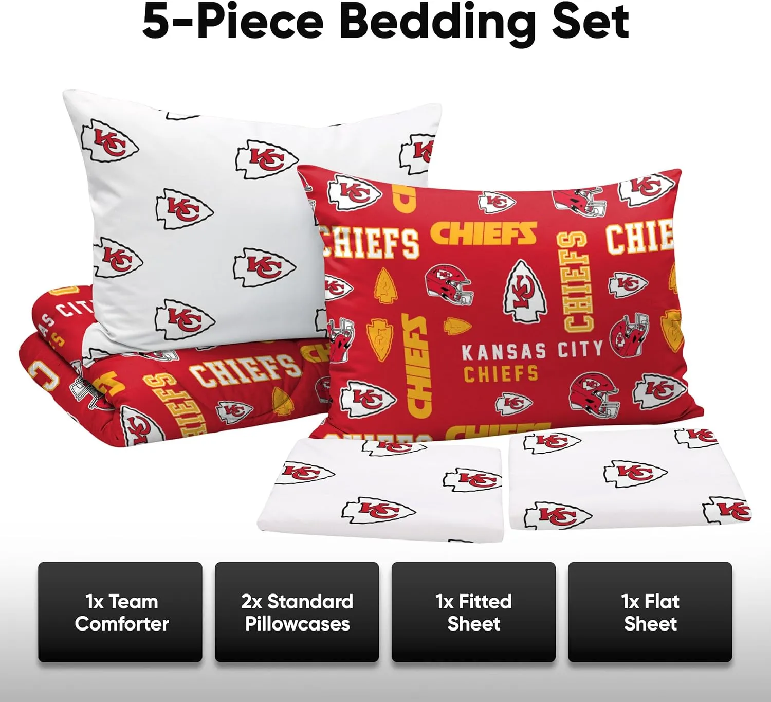 FOCO Unisex-Adult NFL Team Logo Bed in a Bag Comforter, Sheets, Pillow Cases Bedding 5-Piece Set