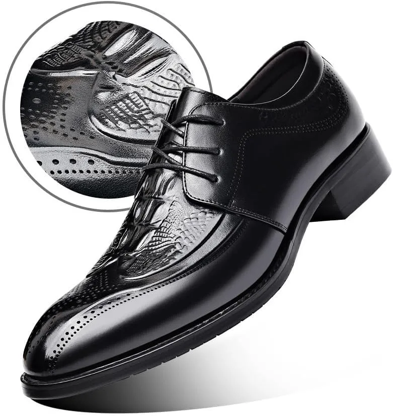 Formal Dress Shoes for Men Lace Up Bike Toe Crocodile Print Solid Color Derby Shoes Rubber Sole Slip Resistant Low Top Anti-Slip Non Slip Prom
