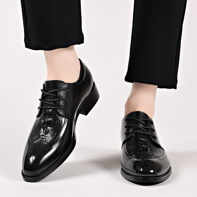 Formal Dress Shoes for Men Lace Up Bike Toe Crocodile Print Solid Color Derby Shoes Rubber Sole Slip Resistant Low Top Anti-Slip Non Slip Prom