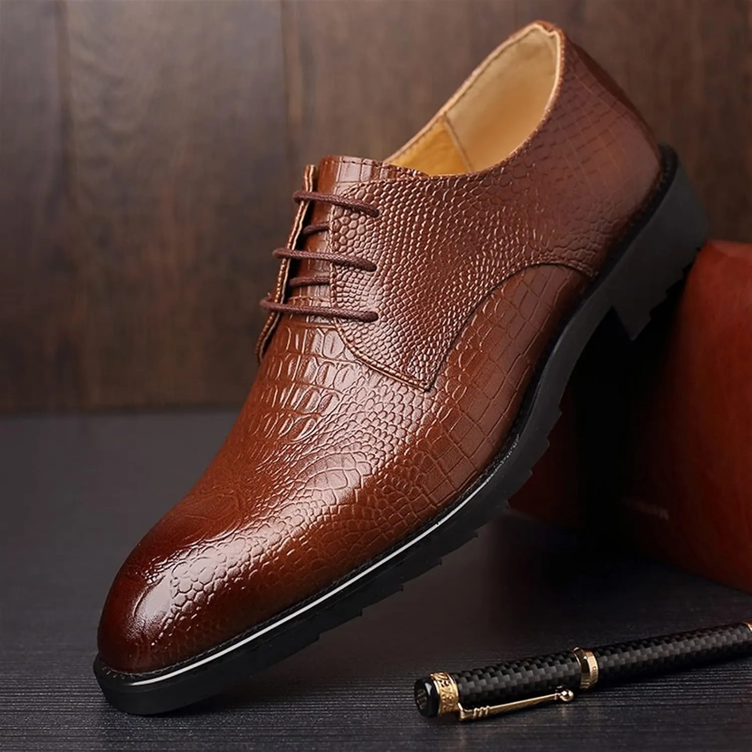 Formal Shoes for Men Lace Up Crocodile Print Derby Shoes Cowhide Rubber Sole Slip Resistant Low Top Non Slip Anti-Slip Wedding Suitable for Many Occasions.