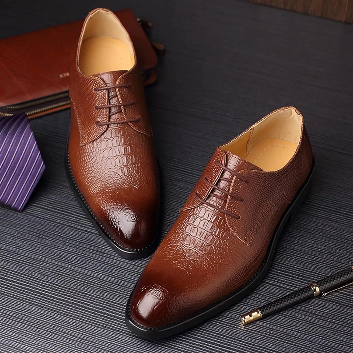 Formal Shoes for Men Lace Up Crocodile Print Derby Shoes Cowhide Rubber Sole Slip Resistant Low Top Non Slip Anti-Slip Wedding Suitable for Many Occasions.