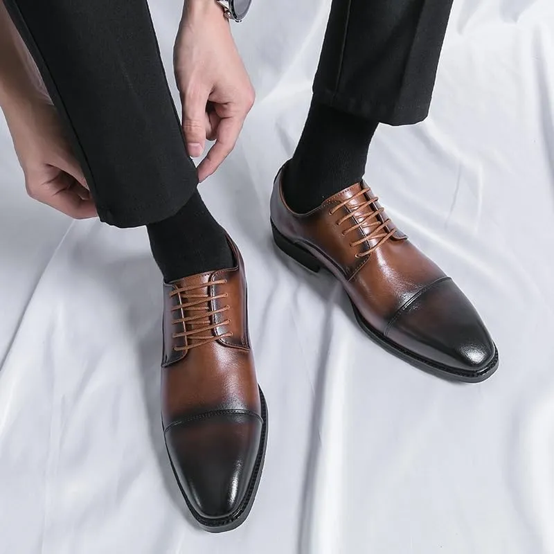 Formal Shoes for Men Lace Up Pointed Burnished Toe Derby Shoes Cap Toe PU Leather Non Slip Resistant Low Top Anti-Slip Block Heel Classic