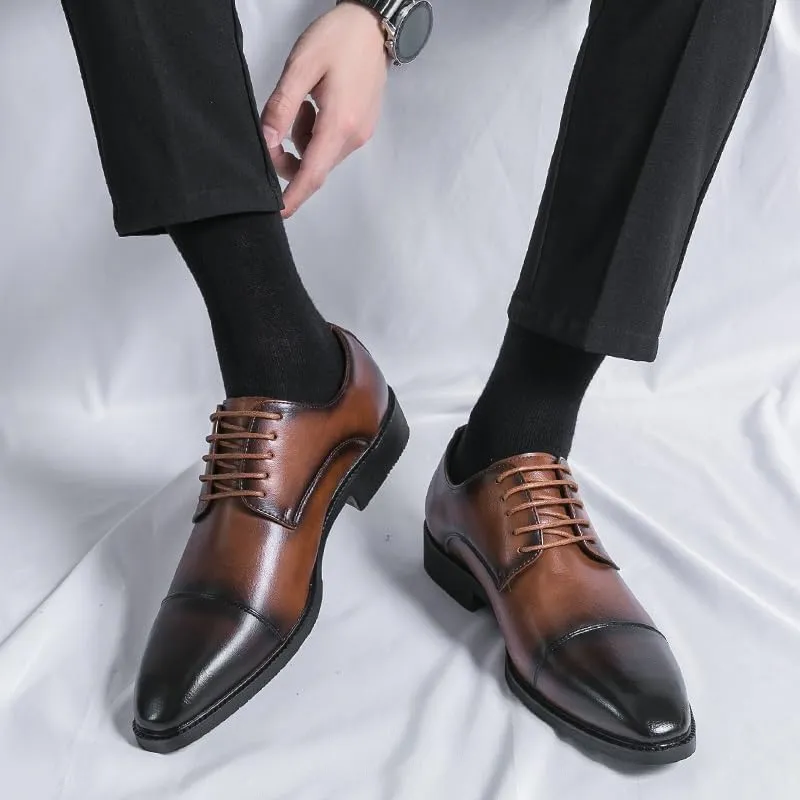 Formal Shoes for Men Lace Up Pointed Burnished Toe Derby Shoes Cap Toe PU Leather Non Slip Resistant Low Top Anti-Slip Block Heel Classic