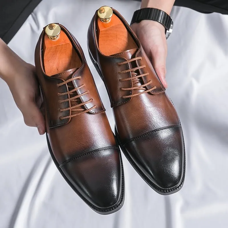 Formal Shoes for Men Lace Up Pointed Burnished Toe Derby Shoes Cap Toe PU Leather Non Slip Resistant Low Top Anti-Slip Block Heel Classic