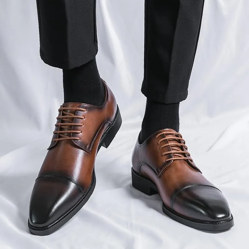 Formal Shoes for Men Lace Up Pointed Burnished Toe Derby Shoes Cap Toe PU Leather Non Slip Resistant Low Top Anti-Slip Block Heel Classic