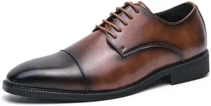 Formal Shoes for Men Lace Up Pointed Burnished Toe Derby Shoes Cap Toe PU Leather Non Slip Resistant Low Top Anti-Slip Block Heel Classic