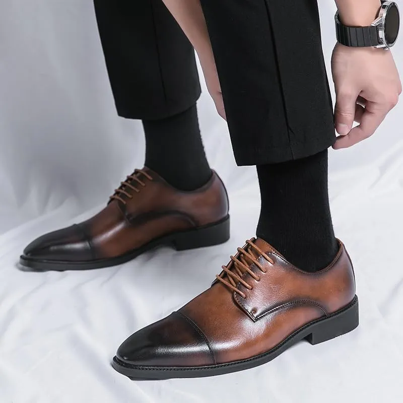 Formal Shoes for Men Lace Up Pointed Burnished Toe Derby Shoes Cap Toe PU Leather Non Slip Resistant Low Top Anti-Slip Block Heel Classic