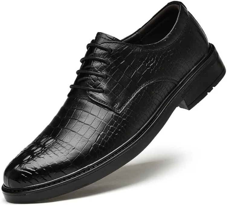 Formal Shoes for Men Lace Up Round Toe Leather Plaid Patchwork Crocodile Print Derby Shoes Anti-Slip Slip Resistant Block Heel Classic