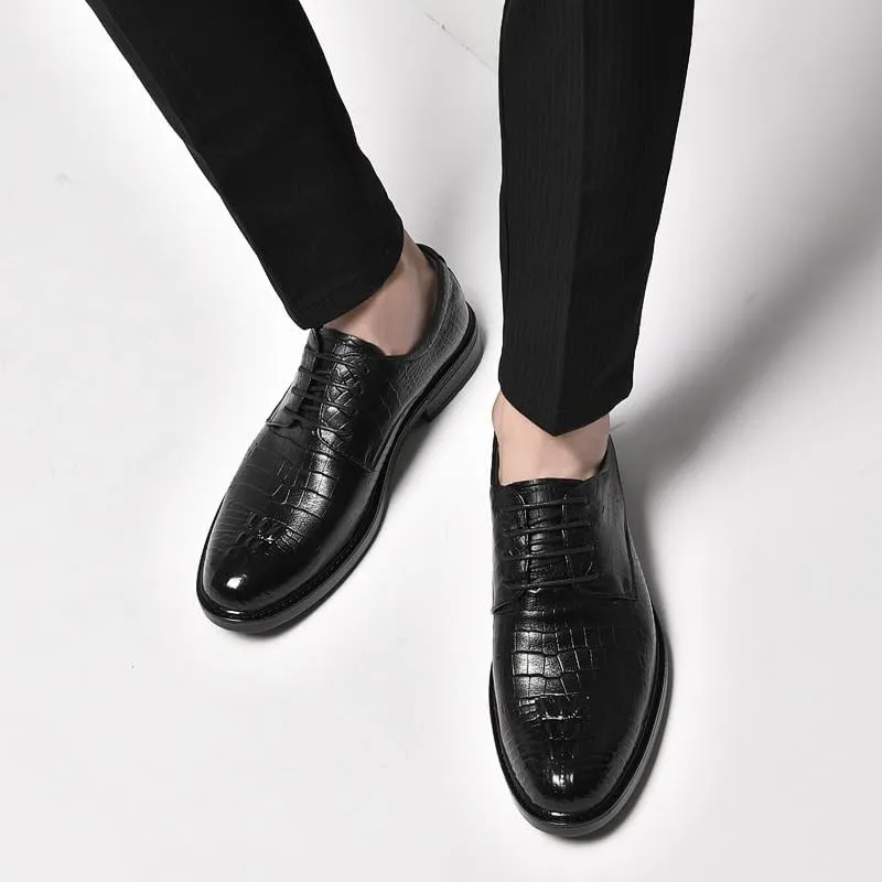 Formal Shoes for Men Lace Up Round Toe Leather Plaid Patchwork Crocodile Print Derby Shoes Anti-Slip Slip Resistant Block Heel Classic