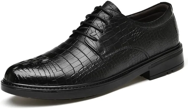 Formal Shoes for Men Lace Up Round Toe Leather Plaid Patchwork Crocodile Print Derby Shoes Anti-Slip Slip Resistant Block Heel Classic