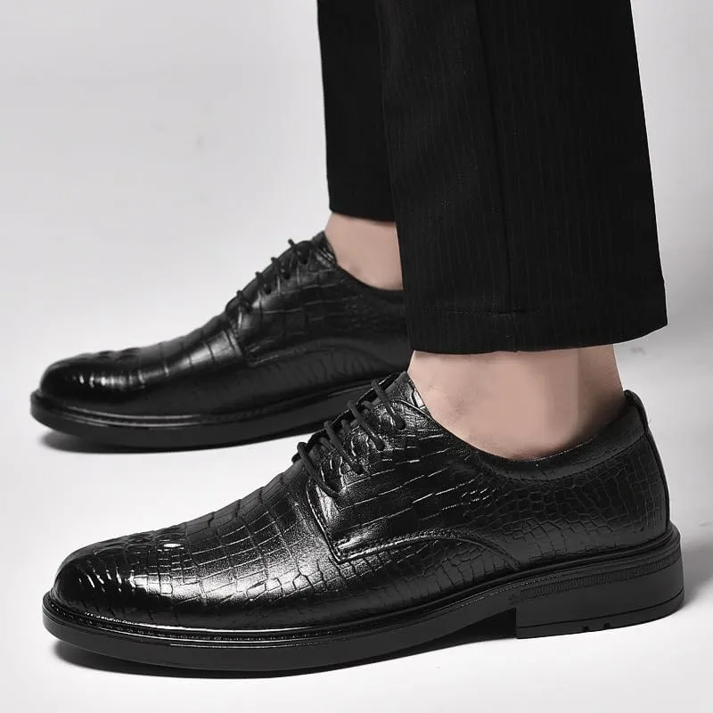 Formal Shoes for Men Lace Up Round Toe Leather Plaid Patchwork Crocodile Print Derby Shoes Anti-Slip Slip Resistant Block Heel Classic