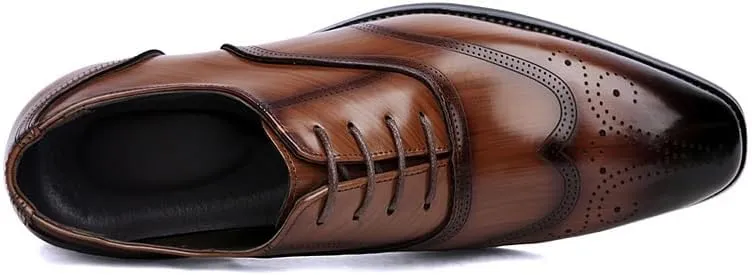 Formal Shoes for Men Lace Up Square Burnished Toe Brogue Wingtips Vegan Leather Derby Shoes Non Slip Block Heel Anti-Slip Low Top Classic(Brown,7.5)