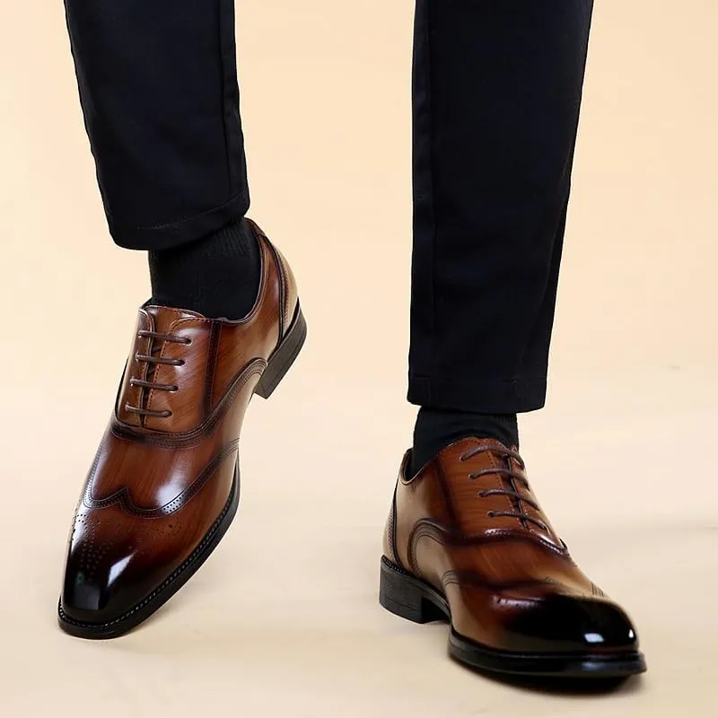 Formal Shoes for Men Lace Up Square Burnished Toe Brogue Wingtips Vegan Leather Derby Shoes Non Slip Block Heel Anti-Slip Low Top Classic(Brown,7.5)