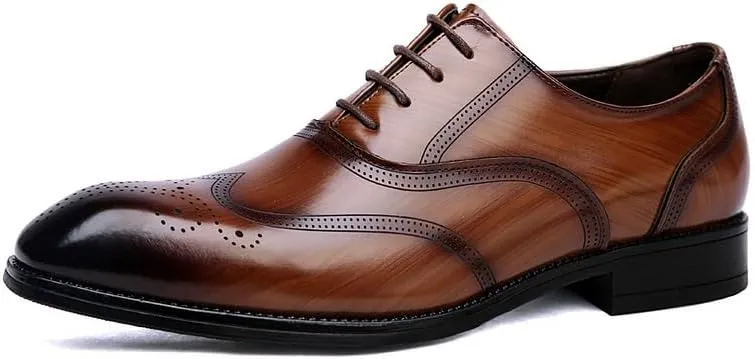 Formal Shoes for Men Lace Up Square Burnished Toe Brogue Wingtips Vegan Leather Derby Shoes Non Slip Block Heel Anti-Slip Low Top Classic(Brown,7.5)